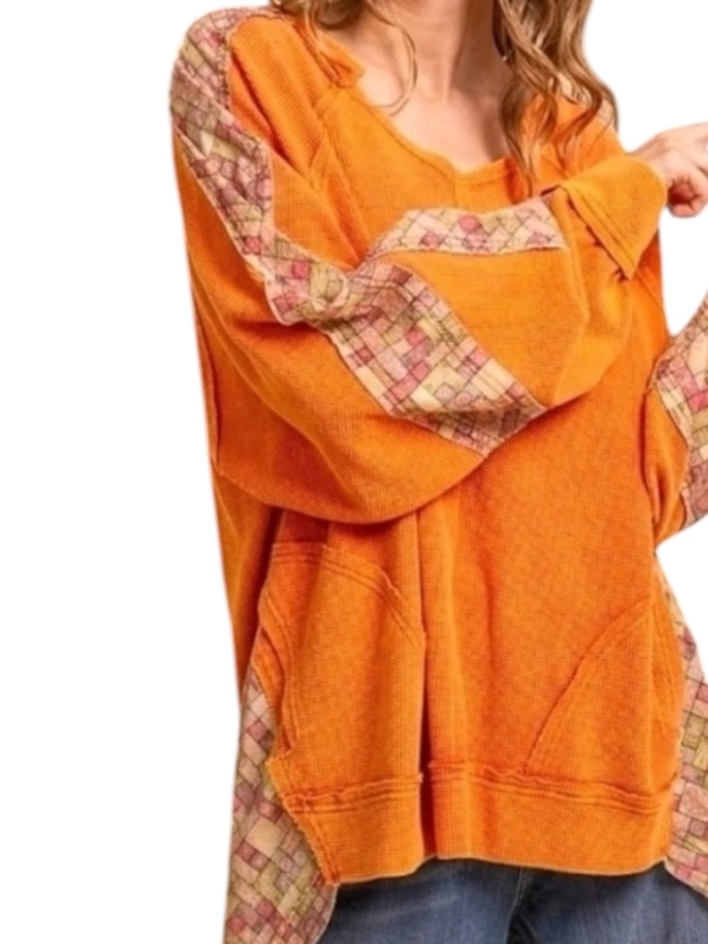 BlueVelvet Oversized Orange Waffle Knit Women's Top with Patterned Trim